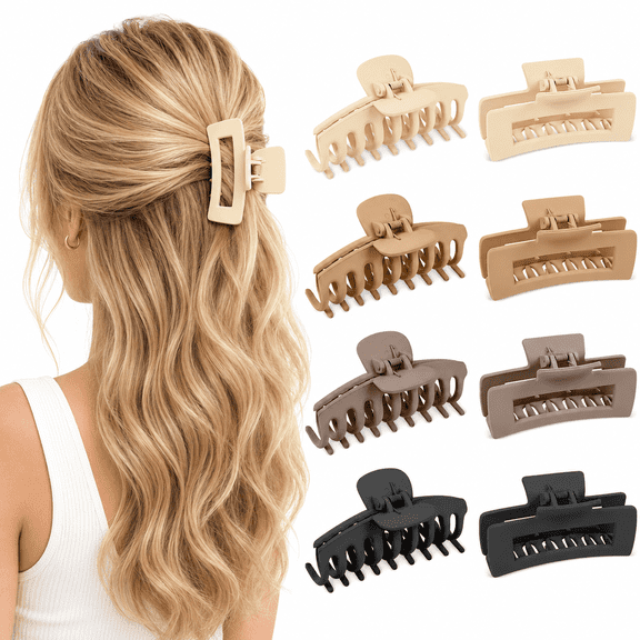 Mber Hair Clips 4" Large Claw Clips for Thick Hair Thin Hair, Non-Slip Hair Claw Clip Set 8 Pack Big Hair Clips for Long Hair, Black Brown Tan Nude