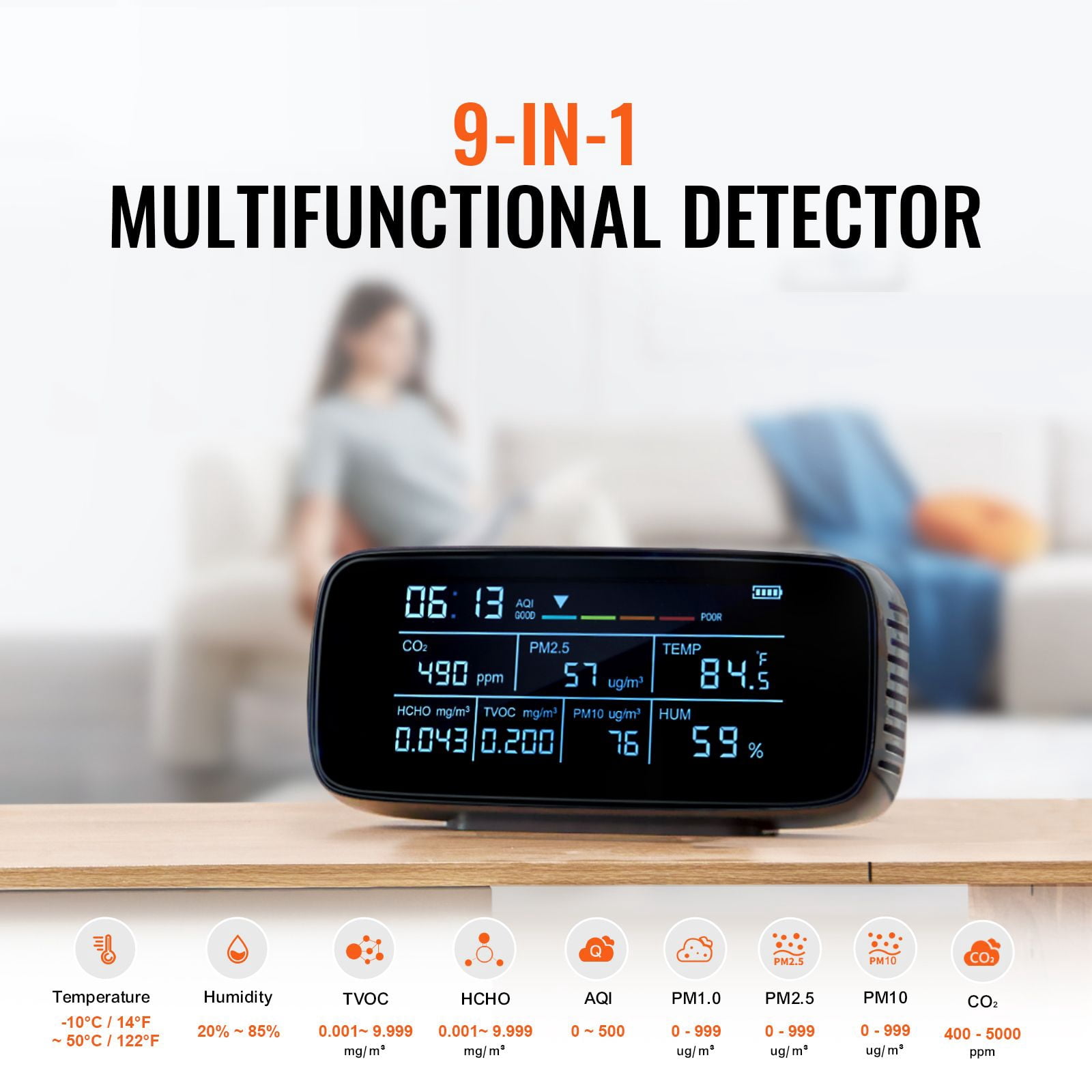 9 in 1 Air Quality Monitor Indoor CO2 Detector with PM2.5 PM1.0 PM10 TVOC HCHO AQI Temperature Humidity Display, Portable Rechargeable Air Tester for Home Office Car Classroom Bedroom