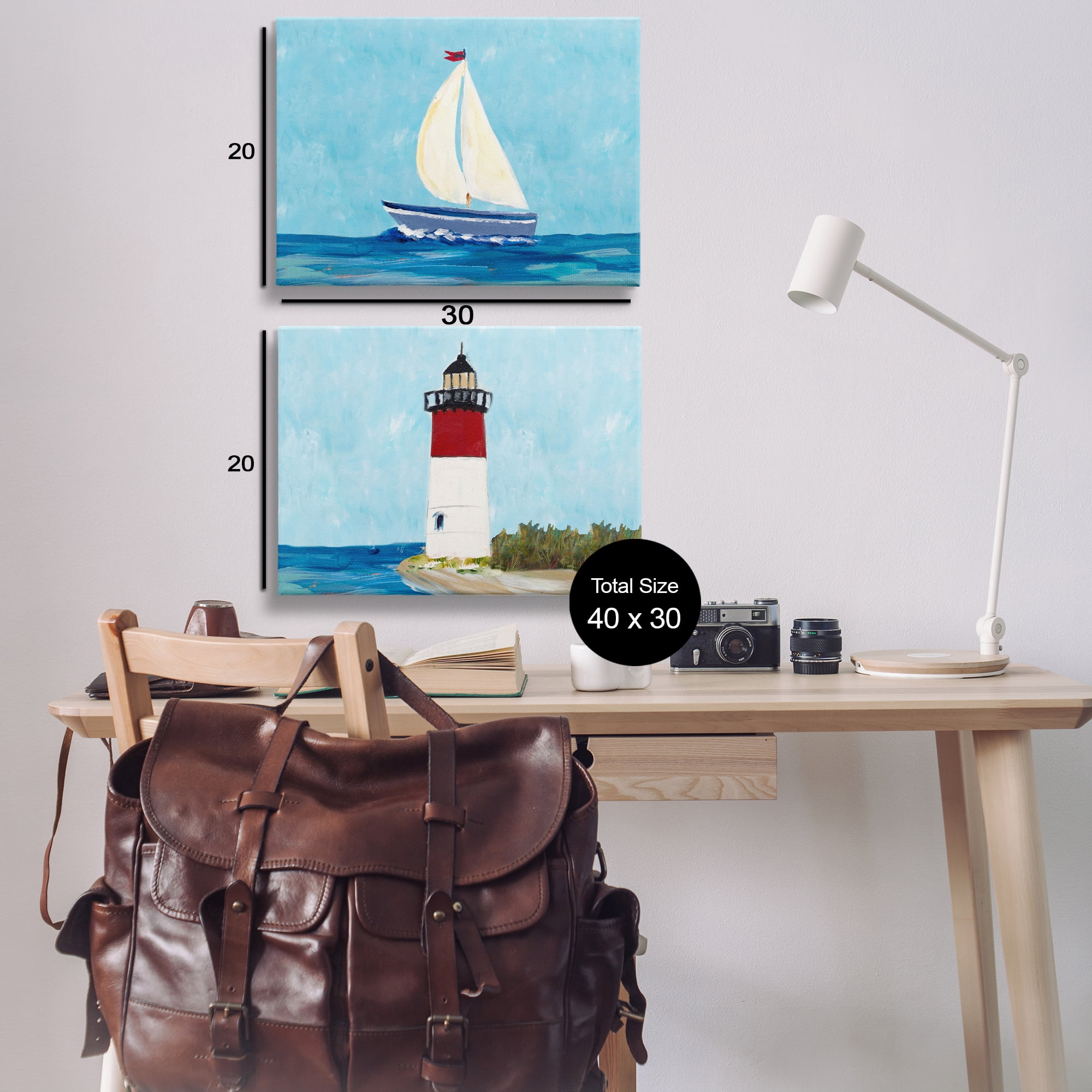 Stupell Industries Nautical Sail the Sea Lighthouse Nautical & Beach Painting Wrapped Canvas Art Print Wall Art, 30 x 20, Set of 2