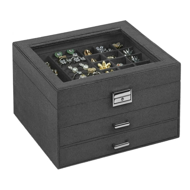 SONGMICS Joyero Organizador de Almacenamiento de Joyas con Cerradura Joyero con Ventana de Vidrio para Anillos Pendientes Pulseras Collares Gris UJBC158G01 8.1"" x 9.1" x 5.5""