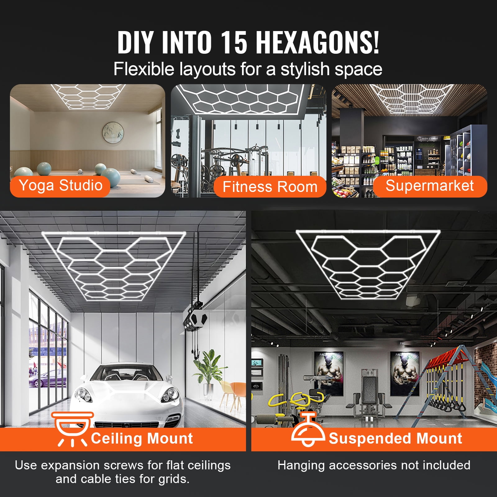 KFFKFF Hexagon Garage LED Lights, 66300LM, 6500K 15 Grid Honeycomb System, DIY Cool White Ceiling Lighting for Car Detailing, Gym, Basement, Workshop, and Bright Shop Spaces