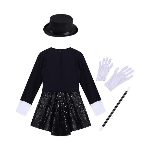 XINLIANYI Costume de magicien de cirque pour femme - Manches longues - Sequins - Crotch - Body avec chapeau et gants - Ensemble baguette magique - Noir - Taille 4XL