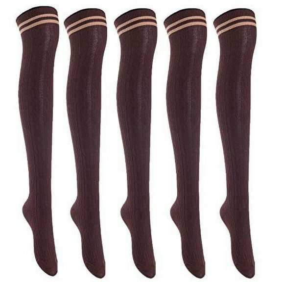 Lian LifeStyle Women's 5 Pairs Adorable Comfortable Soft Thigh High Over Knee High Cotton Socks Size 6-9 L1023(Coffee)