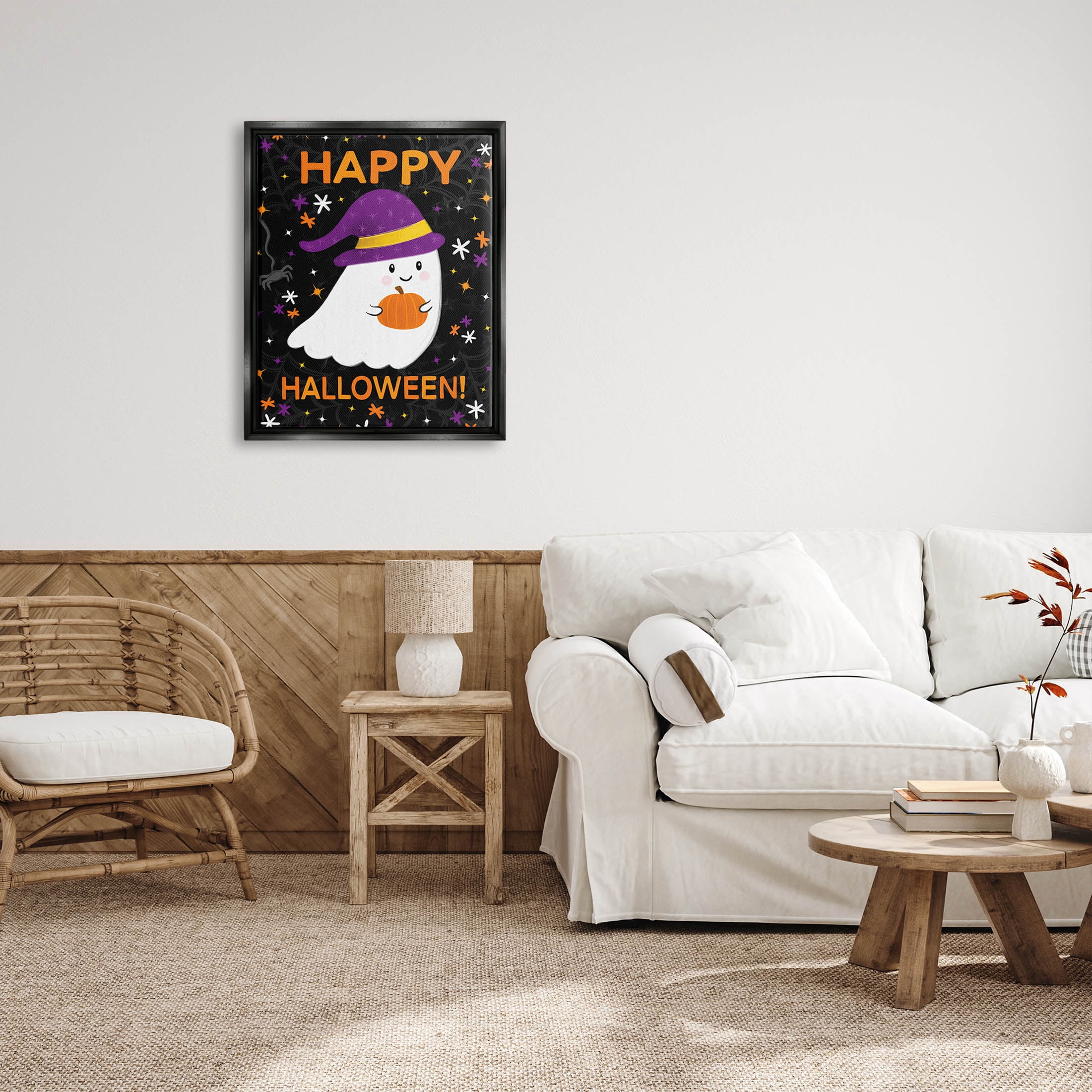 Stupell Industries Happy Halloween Happy Ghost Graphic Art Jet Black Floating Framed Canvas Print Wall Art, Design by Emily Cromwell