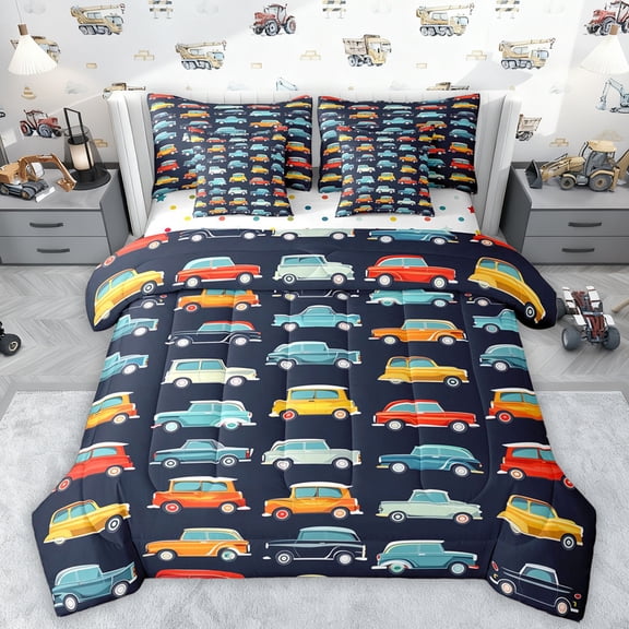 Manfei Cute Cartoon Car 7pcs Bedding Comforter Set,Colorful Vehicle Queen Bedding Sets,Black Blue Yellow Queen Sheet Sets For Boys Kids,Microfiber Bedroom Decor Reversible