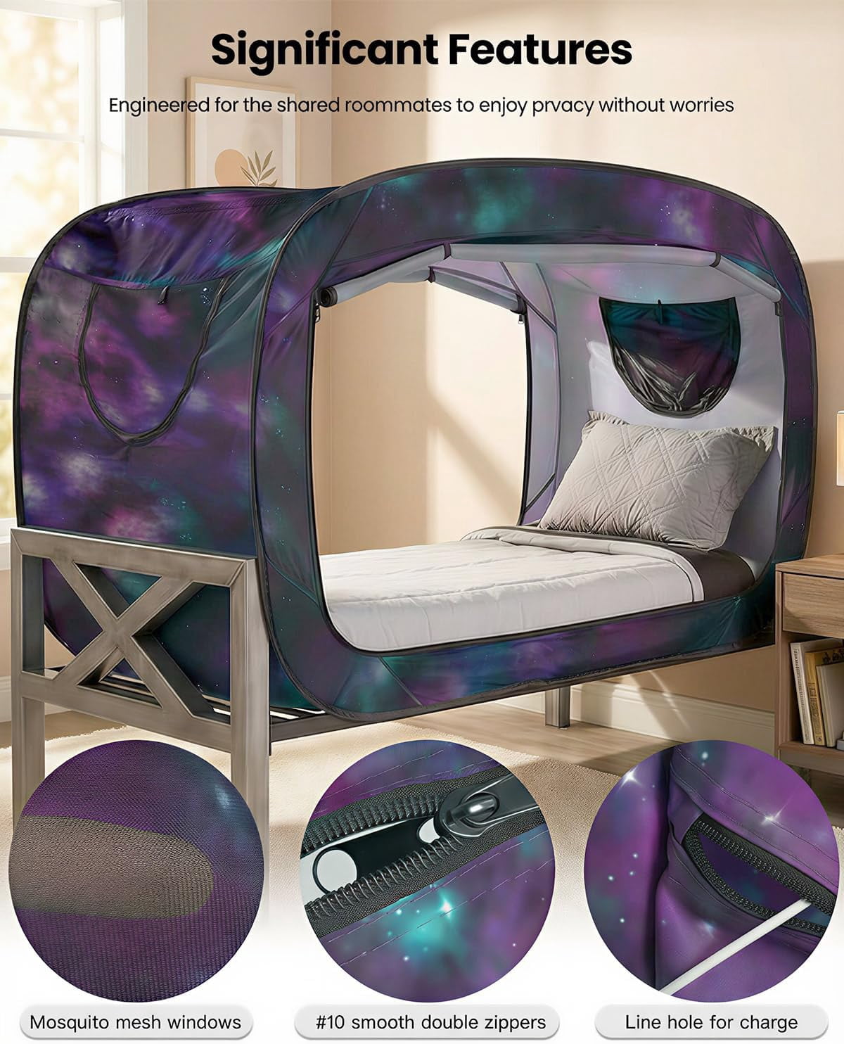 Bed Tent Twin Bed Canopy Portable Dream Tent for Adult Indoor Sleeping Tents with 2 Doors Breathable Private Space Tents, Galaxy