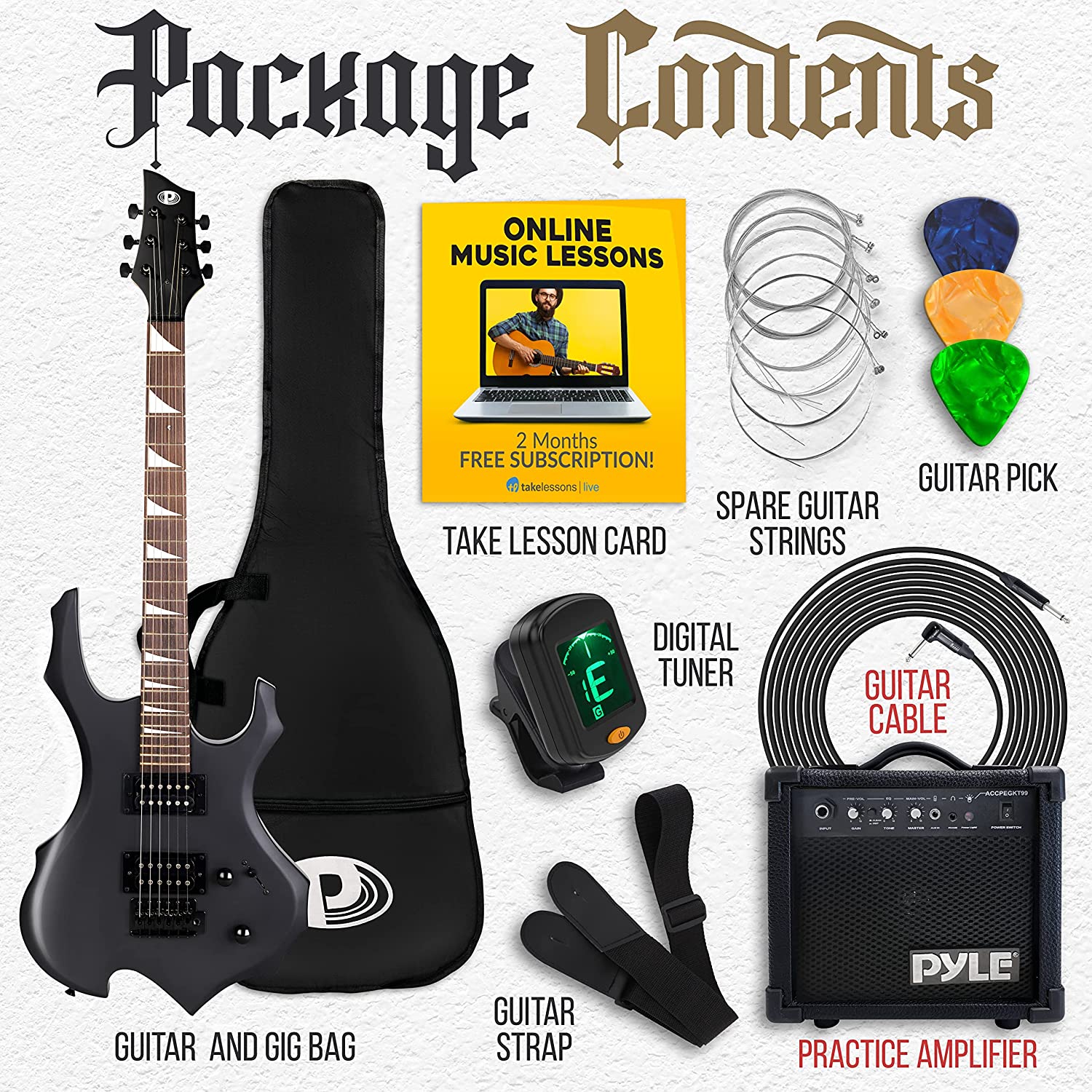 Pyle Heavy Metal Electric Guitar Axe W/ Amplifier Kit, Full Size Instrument  W/ Amp  Accessories