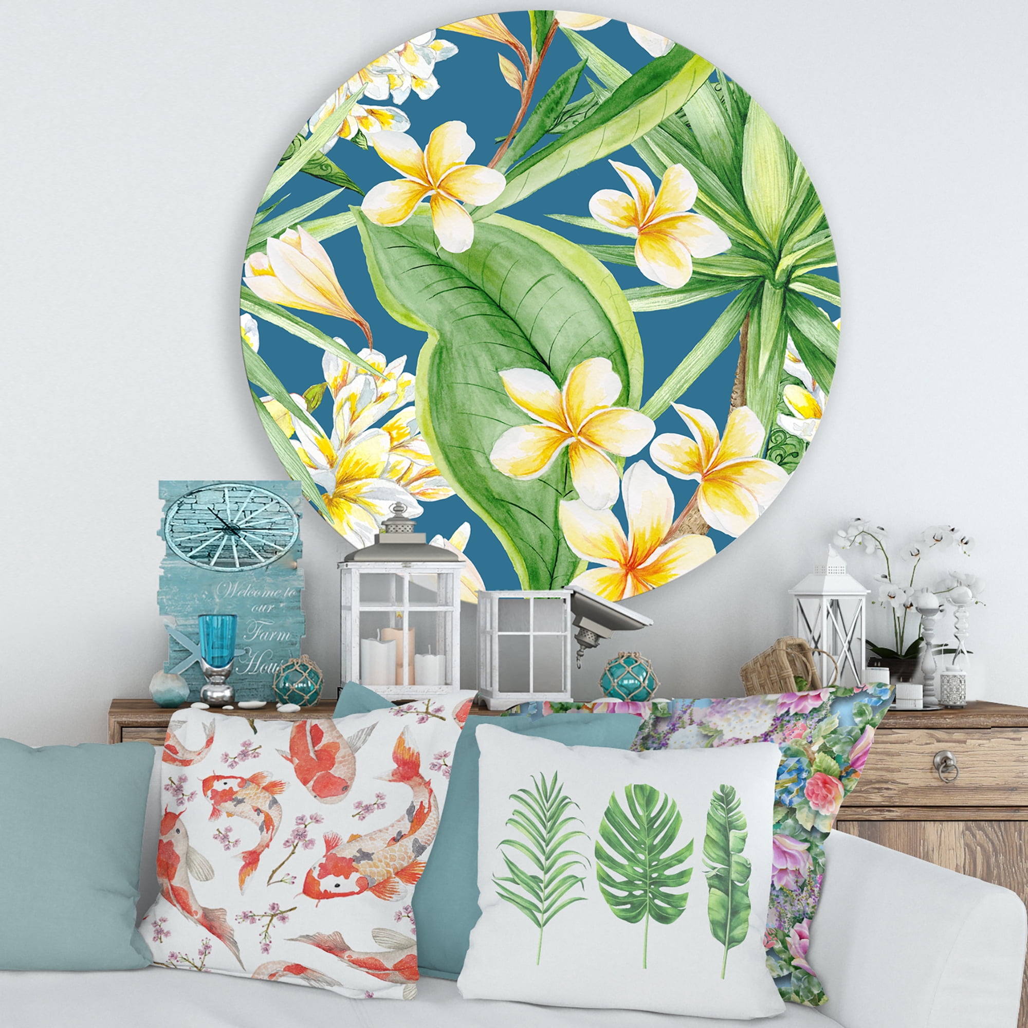 Designart 'Yellow Flowers and Tropical Foliage XV' Modern Circle Metal Wall Art 29x29 - Disc of 29