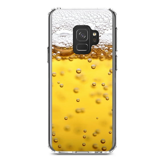 DistinctInk Clear Shockproof Hybrid Case for Samsung Galaxy S9 (5.8" Screen) - TPU Bumper, Acrylic Back, Tempered Glass Screen Protector - Beer Glass Foam Bubbles