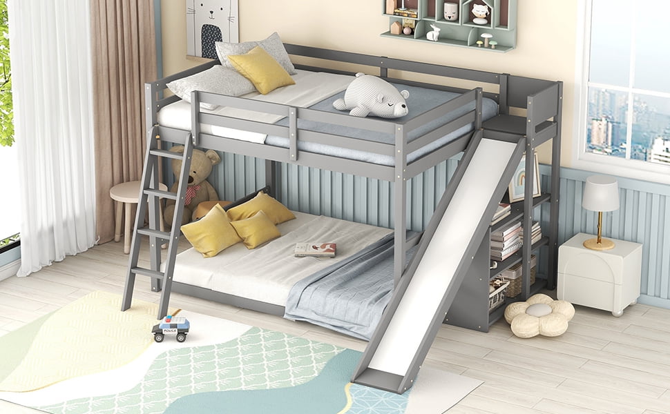 Euroco Wood Full over Full Bunk Bed with Slide and Ladder, 3-Tier Shelf for Kids Teens Bedroom, Gray