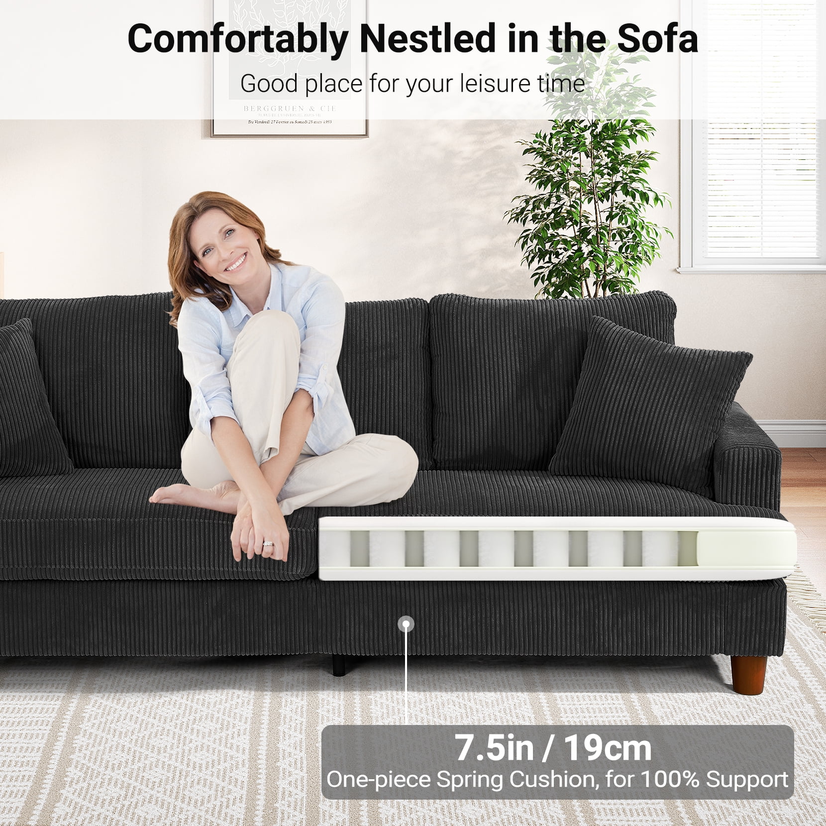 87" Corduroy Sofa,3 Seater Sofa with Extra Deep Seats,Neche Comfy Upholstered Couch for Living Room,2 Pillows,Black