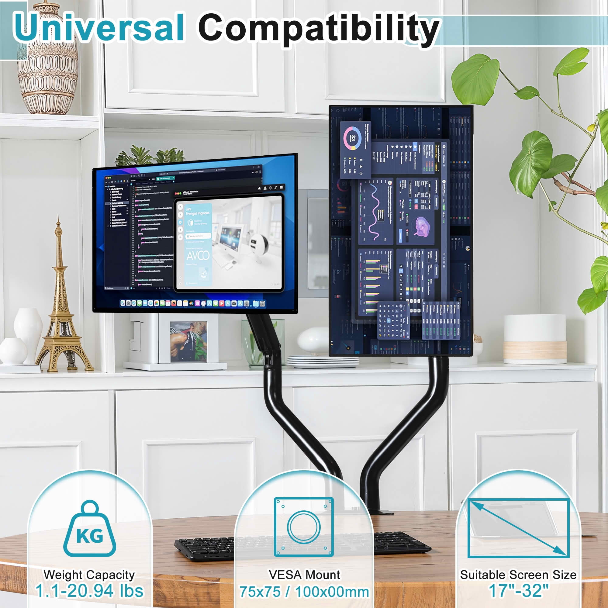 MAYEERTY Dual Monitor Counterbalance Desk Mount for 17-32" Screens, Swivel & Height Adjustable Dual Monitor Stand