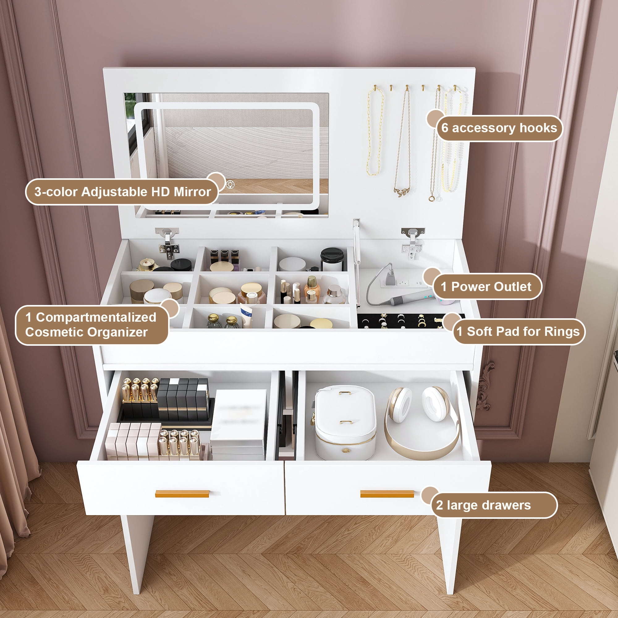 Leumius Makeup Vanity Desk with Mirror and Lights,Flip Top Dressing Table with 2 Drawers & Adjustable 3 Color Lighting Brightness for Bedroom Storage Cabinet,White