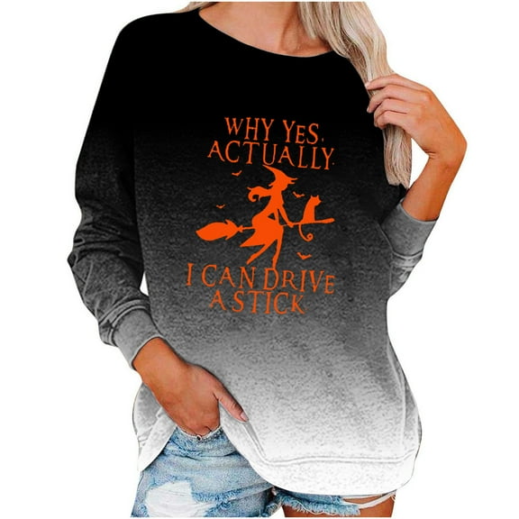 WREESH Halloween Sweatshirts Women Casual Full Sleeve Round Neck Tops Loose Blouse Print Graphic Sweatshirt Black