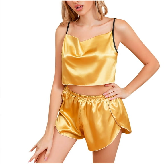 Besolor Womens Satin Pajama Set Sleeveless Crop Cami Tops and Shorts Loungewear Set 2 Piece Sleepwear Pjs