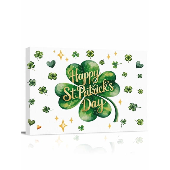 Happy St. Patrick's Day Canvas Print Wall Art Watercolor Green Shamrocks Love Stars Pictures Painting Morden Artwork for Living Room Bedroom, Ready to Hang - 12"x16"