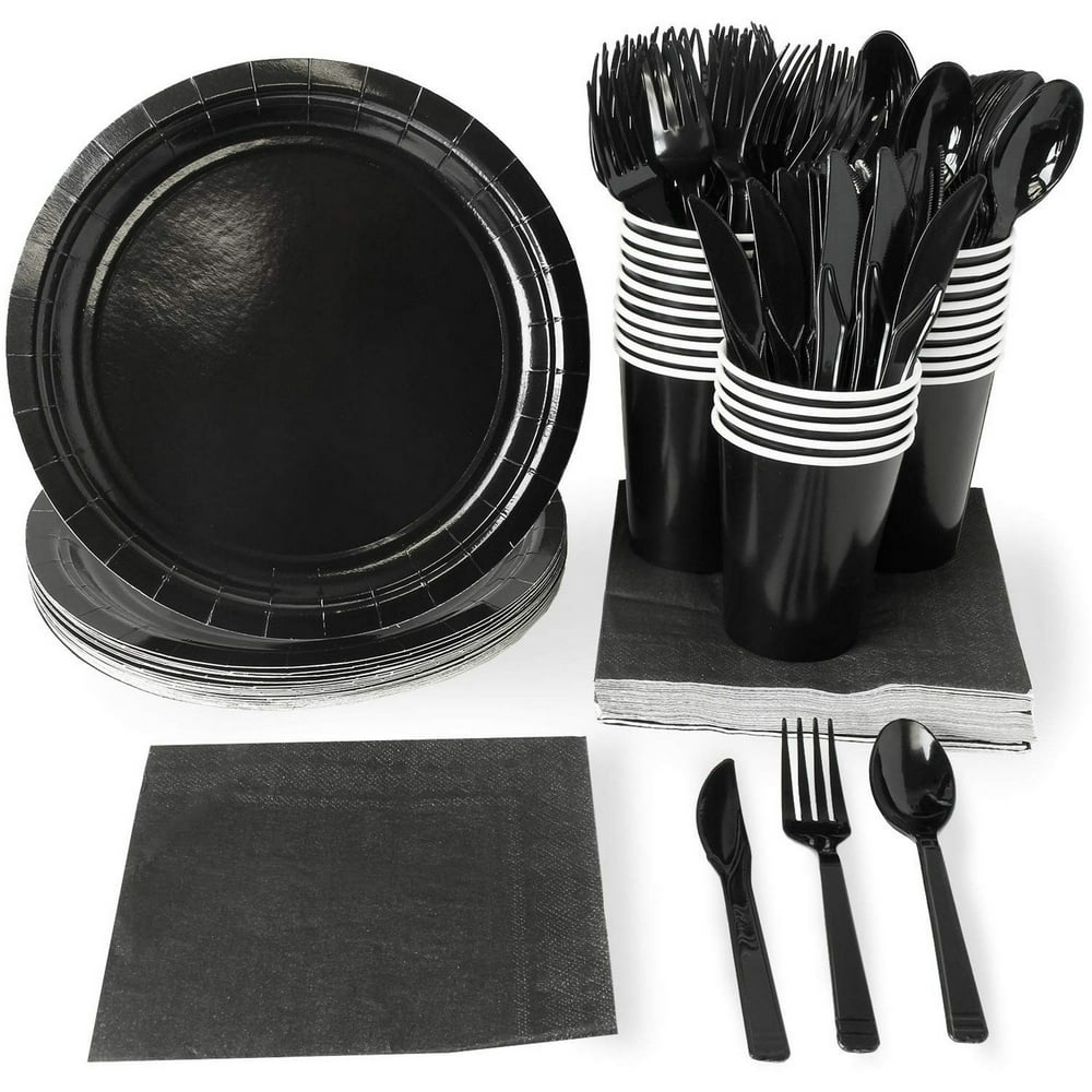 Serves 24 Black Party Supplies, 144PCS Plates Napkins Cups Knives