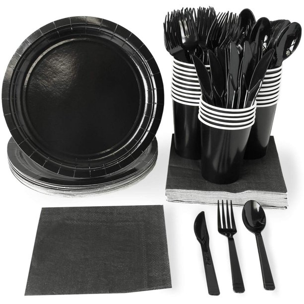 Serves 24 Black Party Supplies, 144PCS Plates Napkins Cups Knives