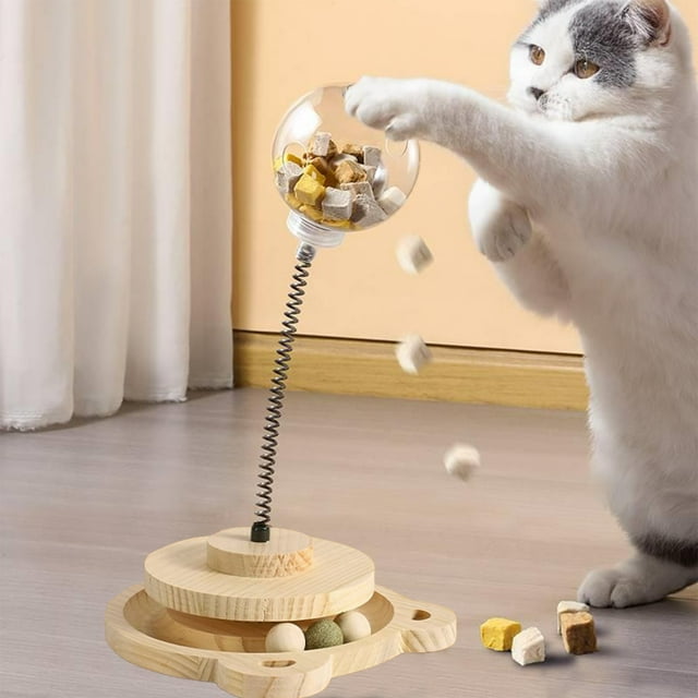 Oefntac Cats Toy Solid Wood Spring Rotating Catnip Set Cats Food Leaking Suitable for Pet Cats Teasing Stick Toy