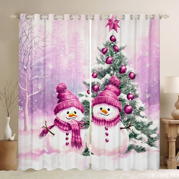 Manfei Kawaii Pink Snowman Curtains Pack of 2 (42x84 Each) for Kids, Merry Christmas Curtains Blackout, Cartoon Dots Xmas Tree Bedroom Curtains, Window Curtains Room Decor