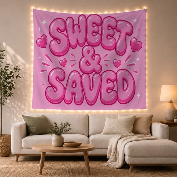 Sweet & Saved Bubble Letters on Pink with Hearts, Joyful Retro Digital Art for Faith Lovers, Faith Wall Art, Friendship Gift Tapestry Wall Hanging for Bedroom, Dorm and Studio