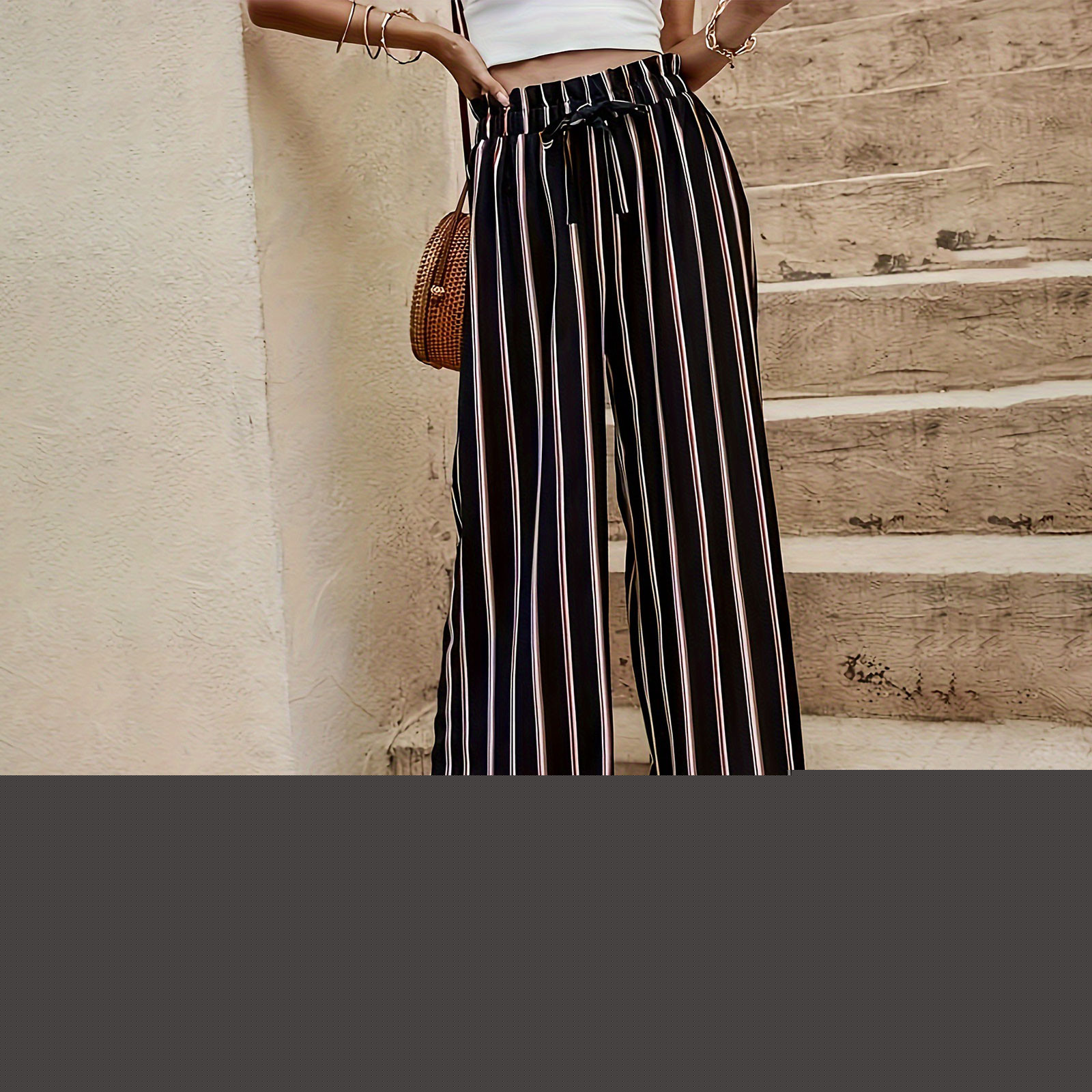 thumbnail image 4 of Chbgutlmr Wide Leg Pants Women Ruffle Drawstring Elastic Waist Stripe Casual Travel Vacation Trousers, 4 of 6