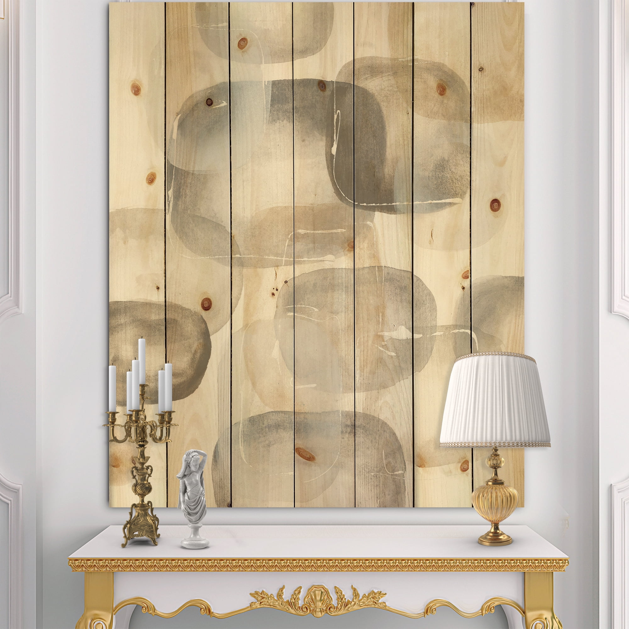 Designart 'Abstract Neutral Oval Grey Stones II' Modern Glam Print on Natural Pine Wood