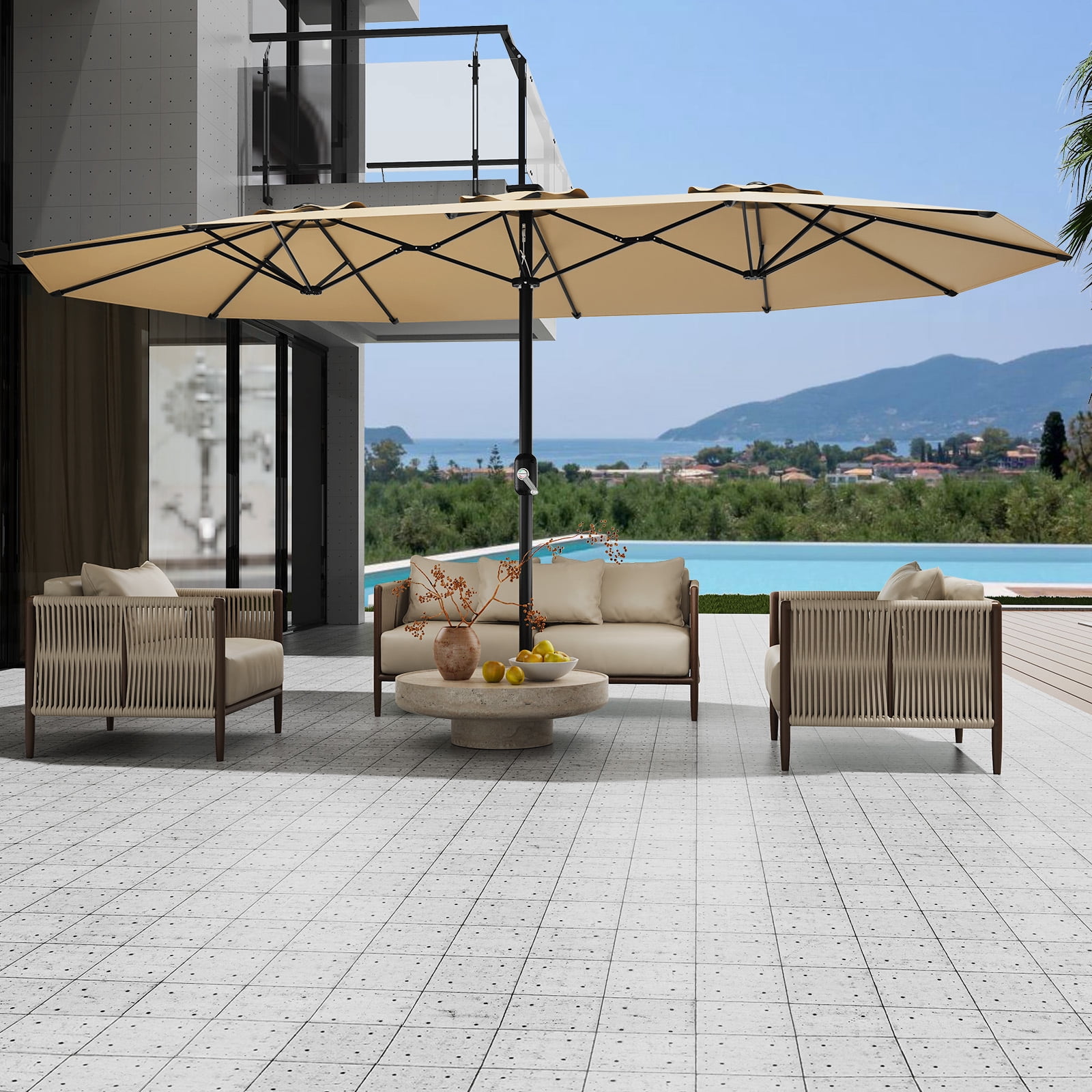 15FT Large Patio Umbrella with Base Included,Double-Sided Outdoor Market Rectangle Umbrellas Oversized Shade for 2-8 People,Weighted Base for Pool,Deck,Backyard