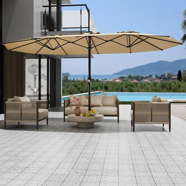 Garvee 15 ft Double-Sided Patio Umbrella with Base Included, Large Outdoor Rectangular Market Umbrella for Poolside, Lawn & Backyard, Beige