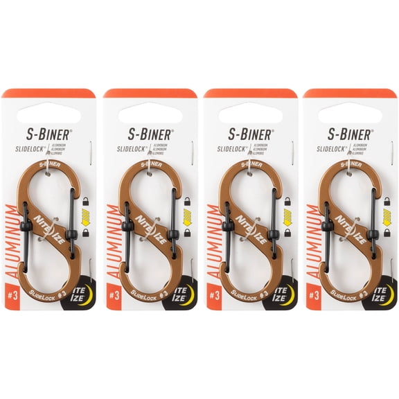 Nite Ize S-Biner SlideLock Aluminum - Durable Dual Carabiner - Locking Aluminum S-Biner - Secure Keys & Gear with Lockable Carabiner - Size 3, Coyote (4 Pack)