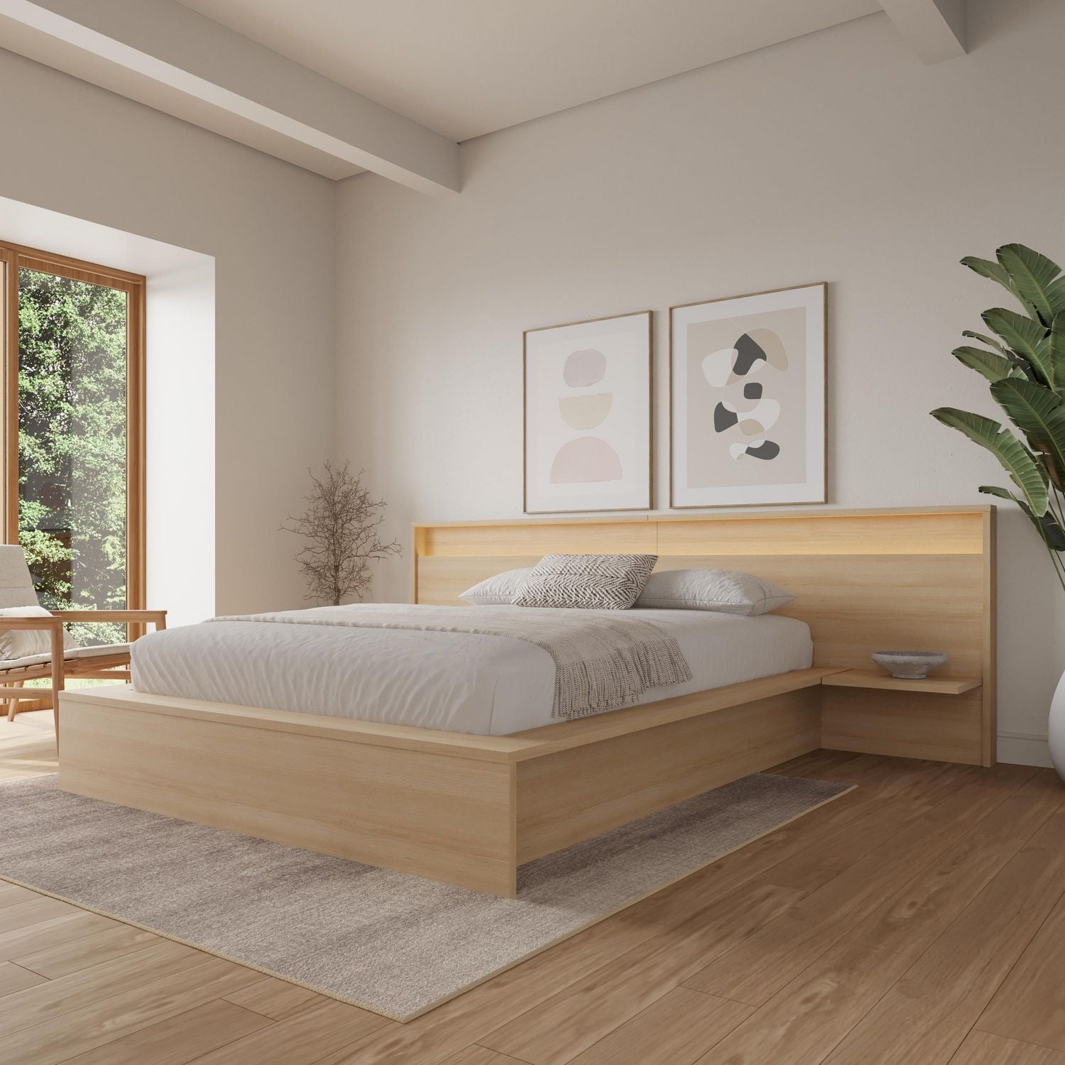 Luna Bedroom Set with Slatted Bedframe, Wide Headboard with Lights and Shelves