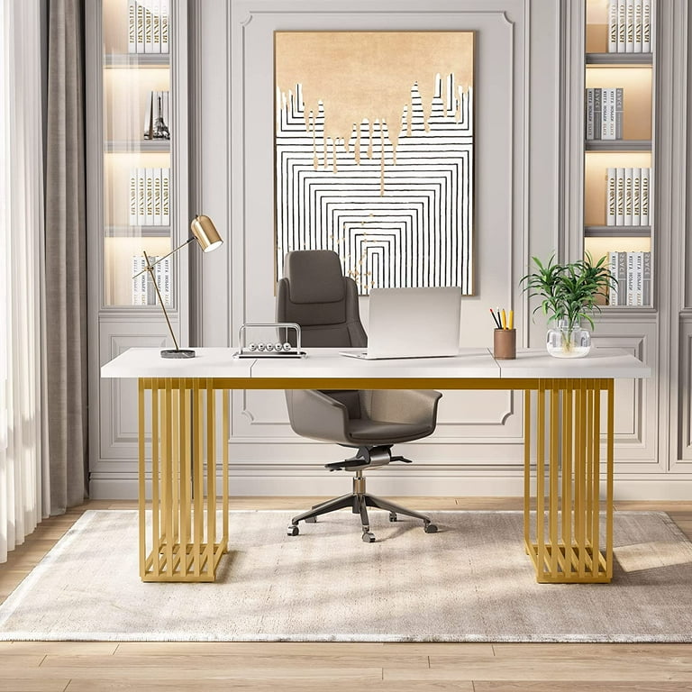 Tribesigns White Executive Desk with Gold Metal Legs,70.9 Tribesigns White Executive Desk with Gold Metal Legs,70.9
