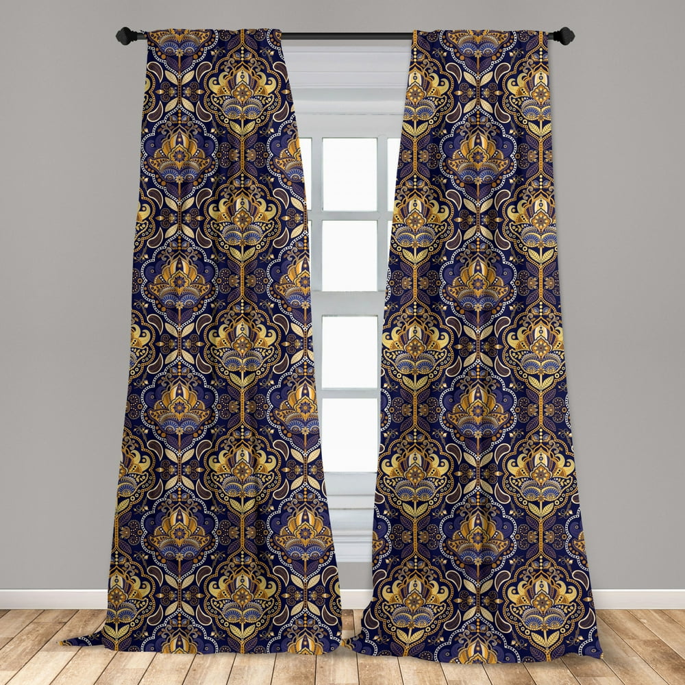 Asian Curtains 2 Panels Set, Oriental Antique Pattern Foliage