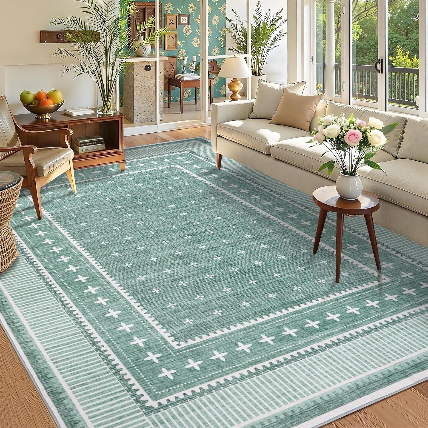 10x13 Area Rug for Living Room Washable Non Slip Low Pile Modern Striped Border Color