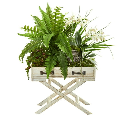 Artificial Orchid Arrangement Nearly Natural 25-In. Phalaenopsis Orchid, Fern and Mixed Greens Artificial Arrangement in Drawer Planter ()