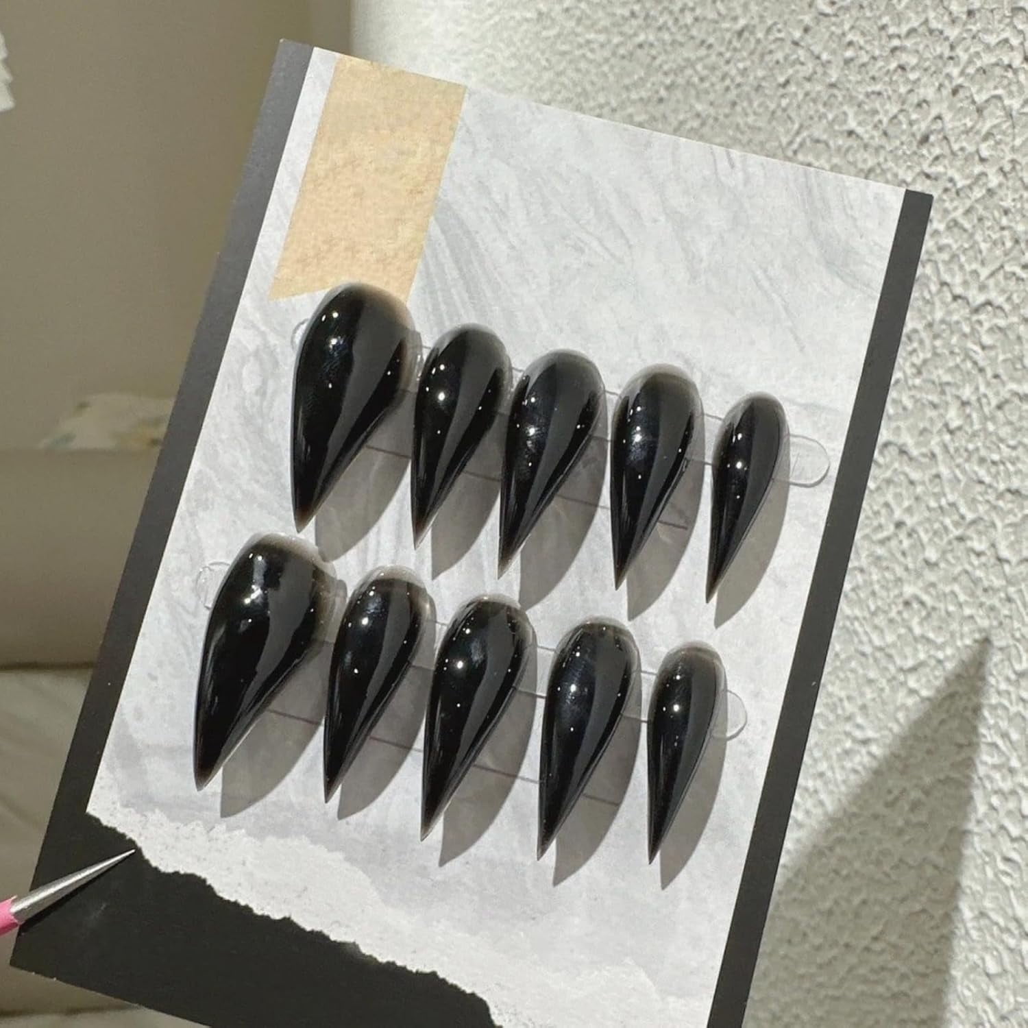 Halloween Press on Nails Black Short Glossy Curved Stiletto Handmade Design Stick on Nails Thick Fake Nail Dragon Cat Claw Acrylic Glue on Nail