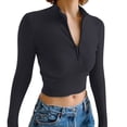 thumbnail image 2 of Lixiuxyad Women's Casual Solid Color Zipper V Neck Slim Fit Sweater T Shirt For Autumn And Winter Seasons Summer Tee Shirts,Black L, 2 of 5