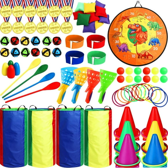 Outdoor Fun Pack: Potato Sack Race, Egg Spoon Race, Ring Bean Toss, Dinosaur Dartboard, Launch & Catch Ball - 86 Piece Field Day Games for Kids & Family Parties