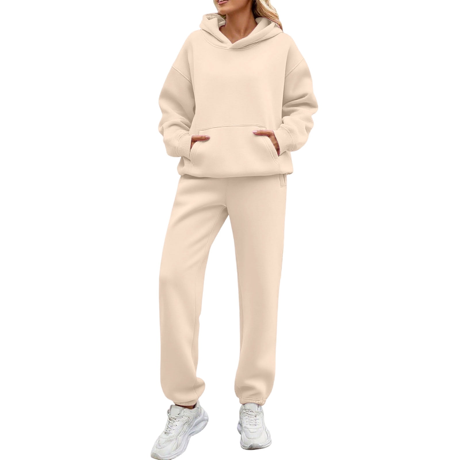 UPPADA 2 Piece Set for Women Casual Two Piece Outfits Lounge Set Trendy Hoodies Matching Comfy Set and Jogger Suits Long Sleeve Sweatshirts Sweatpants Set Beige,M