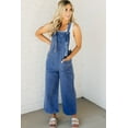 thumbnail image 5 of Women's Prussian Blue Mineral Wash Wide Leg Denim Overalls with Knotted Straps and Patched Pockets | [ZhiHiMeRi] | (US 16-18)XL, 5 of 6