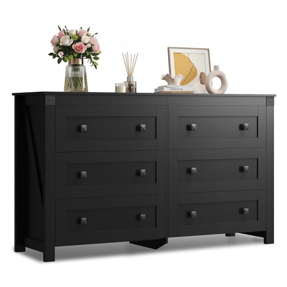 GALAXHERO Farmhouse 6 Drawer Dresser, Black Wood Dresser with Double Rustic Handles, TV Stand for 60" TV for Living Room, 53.07'' Wide Chest of Drawers for Bedroom, Hallway
