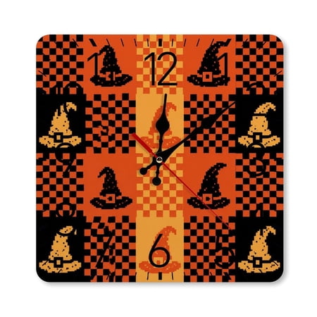 GooTPa 10×10inch Square Silent Wall Clock Wooden Frame, Pixel Witch Hat Checkerboard Scale Decorative Clock for Home Bedroom Living Room Office