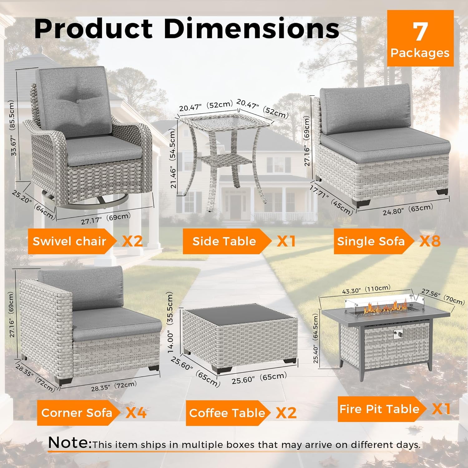 14-Seat Outdoor Wicker Patio Furniture Set with Fire Pit Table, Modular Rattan Sectional Sofa & 2 Swivel Rocking Chairs, 4" Thick Cushions, Rust-Resistant Frame,Grey