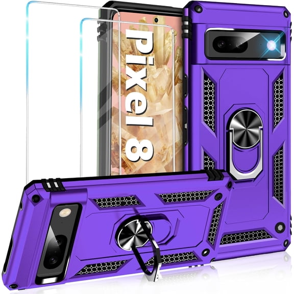 KOMI for Google Pixel 8 Case with Screen Protector, Pixel 8 Military Grade Shockproof Heavy Duty Protective Cover with Kickstand Magnetic Ring Holder for Google 8 Phone Case Purple