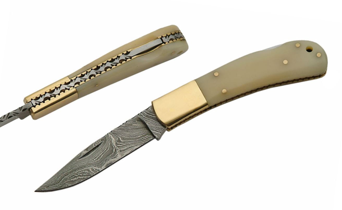 Photo 1 of 4" Damascus Lockback White Bone Brass