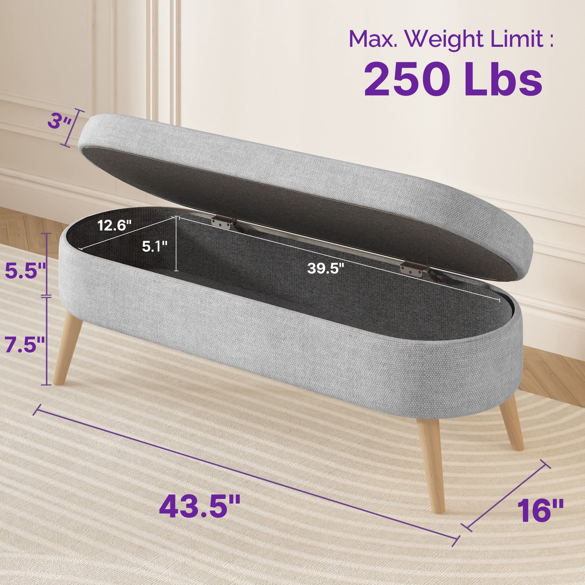 Sersper Modern 43 Inches Storage Ottoman Bench for Living Room, Bedroom, Entryway - Ottoman Foot Rest with Storage, Light Gray