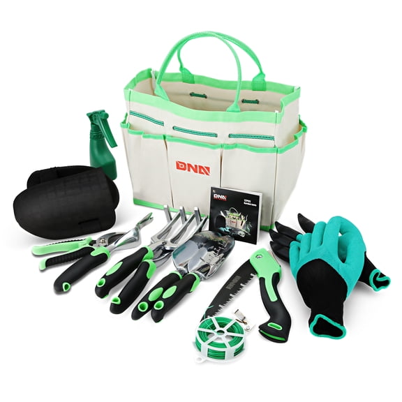 DNA Motoring TOOLS-00209 Green 12 PCs Portable Garden Tools Set Kit Transplanter Pruner Weeder Set Hand Tool Carrying Tote