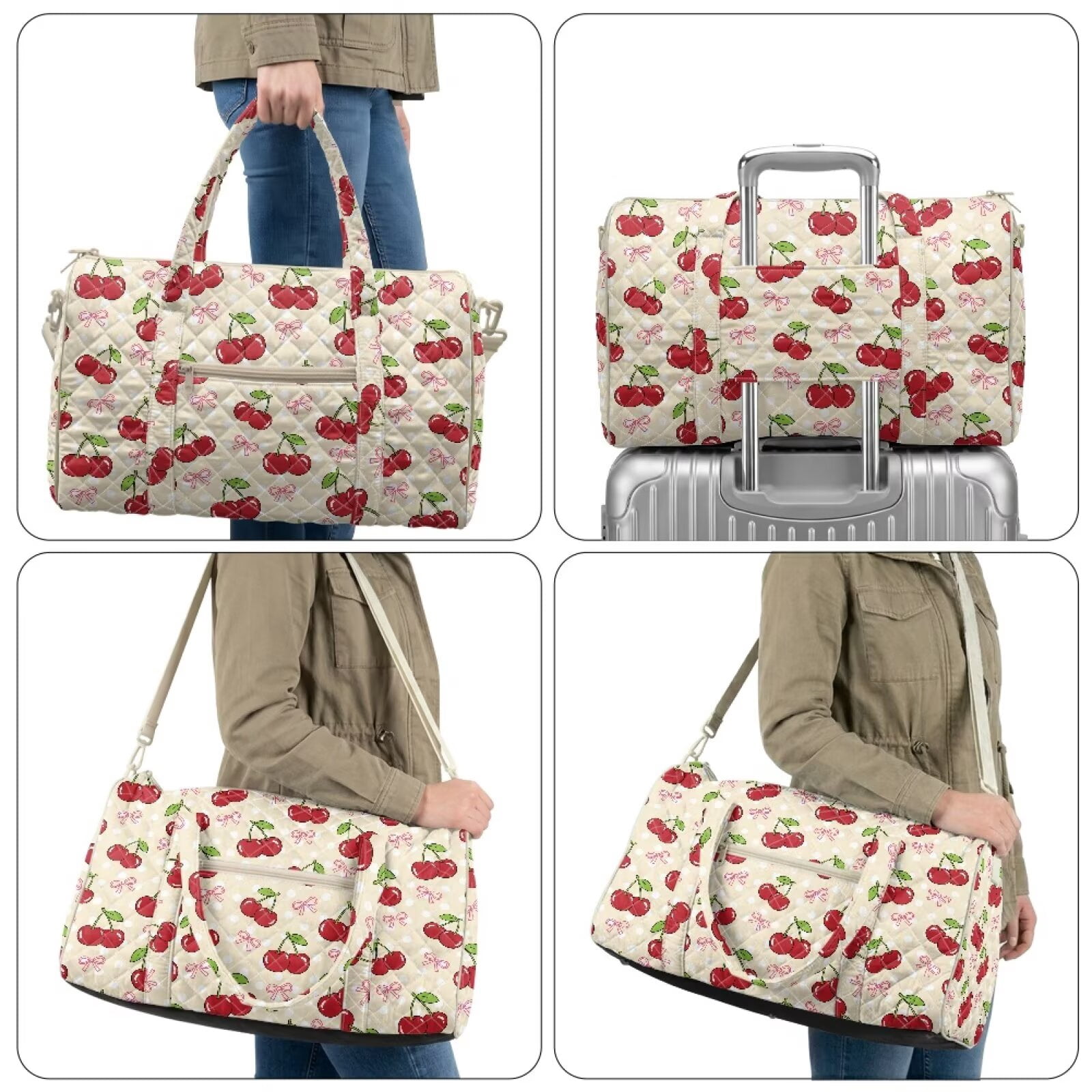Garronmavis Cherry Print Quilted Duffle Bag for Women Large Weekender Travel Bag Cute Gym Dance Overnight Carry On Tote with Zipper Pockets Luggage Sleeve