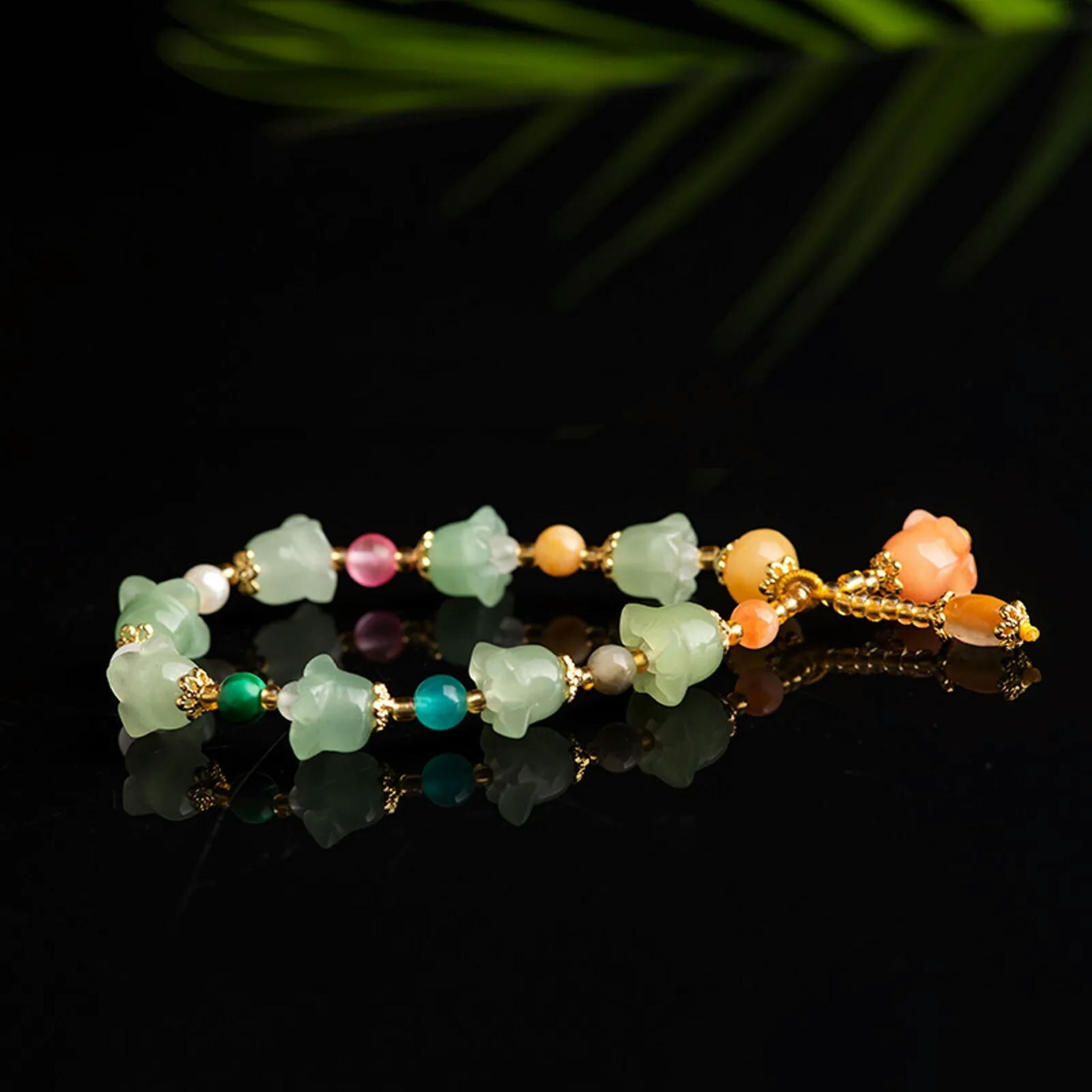 HOOUN Natural Jade Bangle Women Lucky Colourful Flower Beaded Bracelet