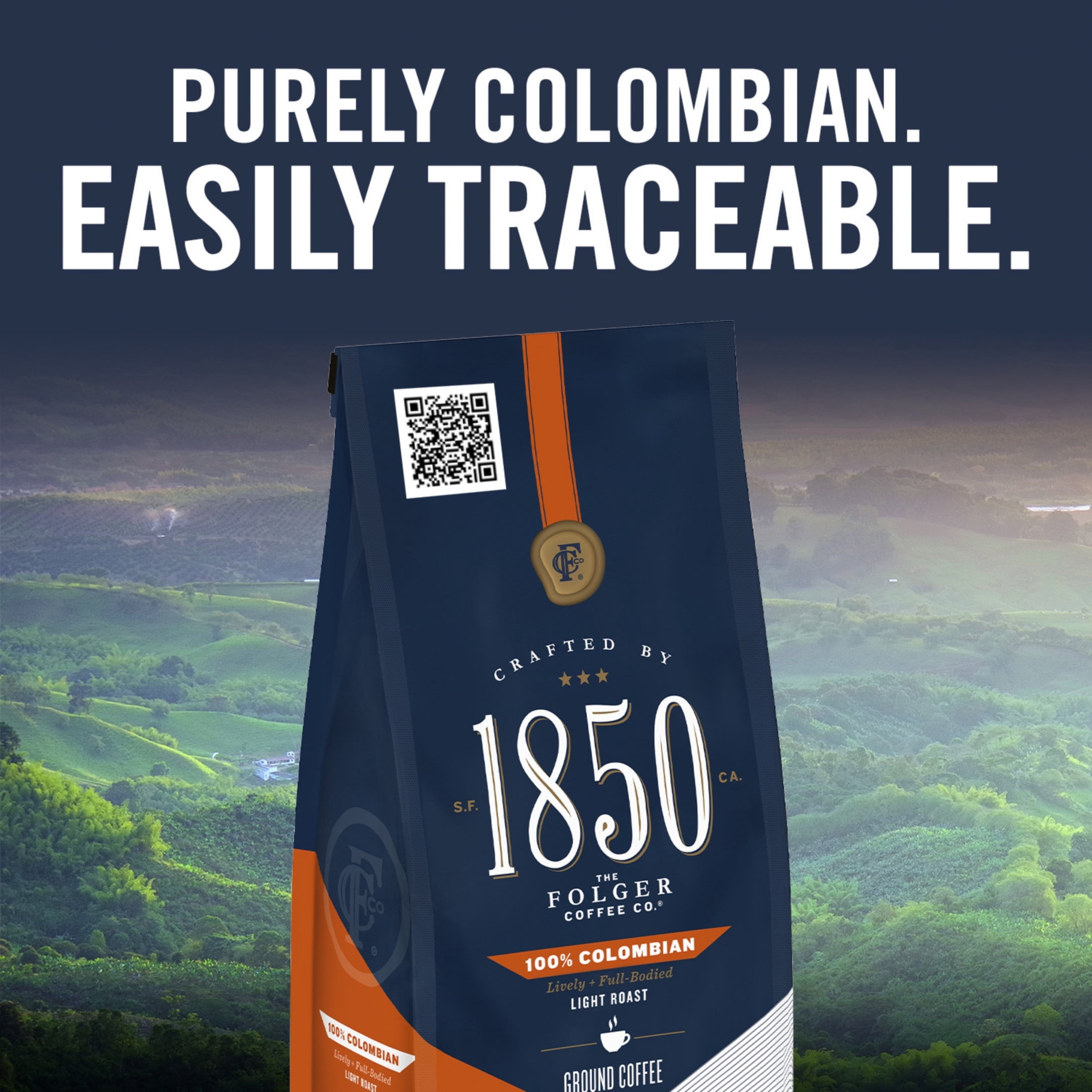 1850 Colombian Ground Coffee, Light Roast, 12 ounce bag